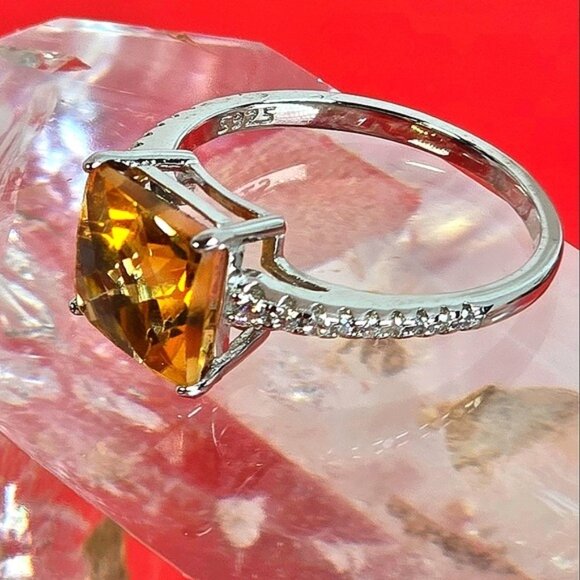 925 Sterling Silver Ring Sz 7 with Natural Princess Cut Citrine Gemstone - Picture 9 of 11